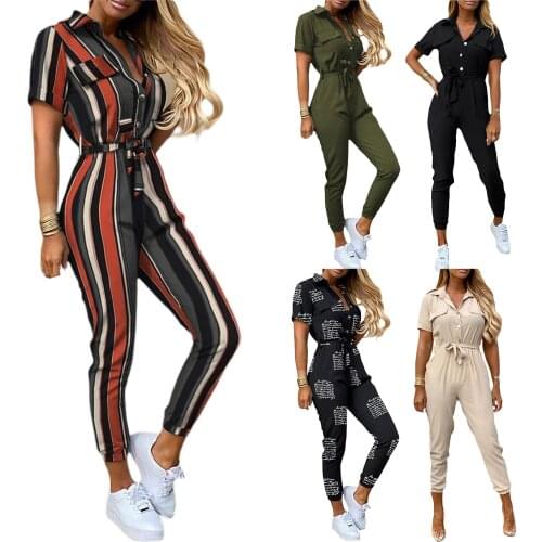 Women Two-piece Clothes Set, Short Sleeve Turn-down Collar Jumpsuit and Waistband, 2021 New Fashion