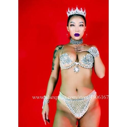 Nightclub Goddess Super Flash Rhinestone Bikini Suit Dance Team Womens Ballroom Costumes Sexy Lady Party Event Evening Dress