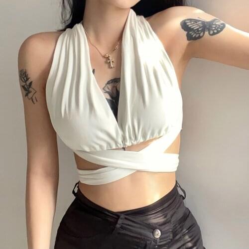 Sexy V-Neck Halter Tops Women Sexy Cross Bandage Backless Exposed Navel Sleeveless Tops Summer Clothing