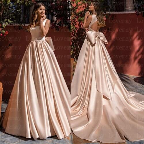 Satin A Line Wedding Dresses 2021 Bridal Gown Boat Neck Sleeveless Open Back Vestidos De Novia Bride Dresses with Big Bow Sashes
