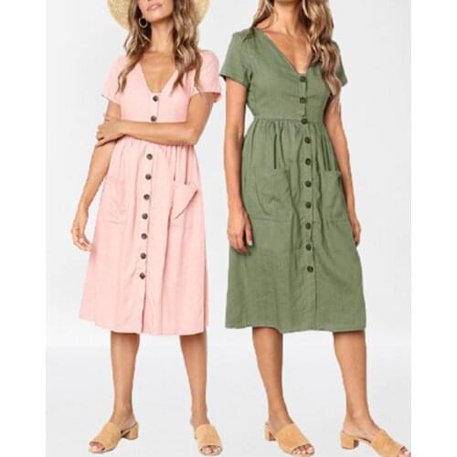 Summer Short Sleeve V Neck Button Down Swing Midi Dress Women 2021 Casual Style Solid Tunic With Pocket Beach Dresses