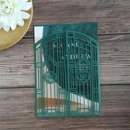 Green Wedding Invitation Elegant Personalized Invite Gate fold laser cut Fall Winter wedding card