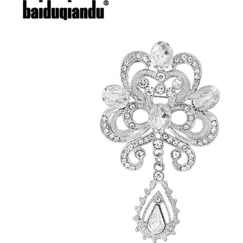 Baiduqiandu Brand New Arrival Vintage Crystal Rhinestones Drop Brooches for Wedding in Silver Color Plated
