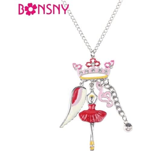 Bonsny Enamel Jewelry Crown Fairy Angel Wing Necklace Chain Dance Ballet Girl Alloy Maxi Statement News Collar Choker Necklace