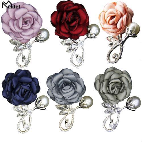 Meldel Corsage Groom Wedding Boutonniere Rose Flowers Rhinestone Fake Pearl Brooch Party Prom Corsage Lapel Pin Badge Buttonhole