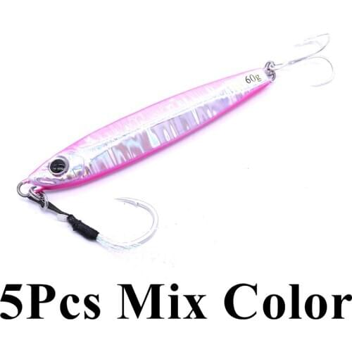 CASTFUN GUN 2 5PCS 10g 20g 30g 40g 60g With Hook Metal Jig Artificial Bait Fishing Jigging Fishing Lure Glow Slow Jig Casting