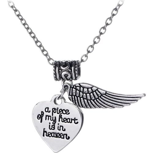 A Piece of My Heart Is In Heaven Carving Heart Wing Pendant Memorial Necklace