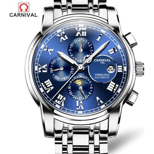 CARNIVAL Top Brand Waterproof Luminous stainless steel relogio Mens Luxury Multifunction Tourbillon Automatic Mechanical Watch