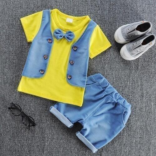 Children Handsome Bowtie Clothing Suits Kids Casual Solid T-Shirt+ Pant Boys Girls Fashion Summer Set Cotton Material