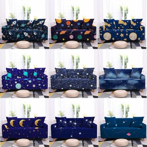 Blue Starry Sky Elastic Sofa Cover For Living Room Planet Space Rocket Moon Stars Stretch Couch Cover Corner Slipcovers 1-4 Seat