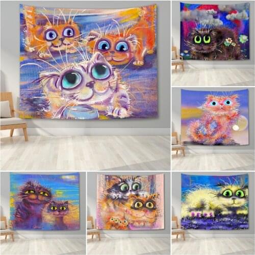 Watercolor Cat Tapestry Wall Hanging Tapestry Blanket Cartoon Animal Wall Tapestry For Bedroom Living Room Dorm Background Cloth