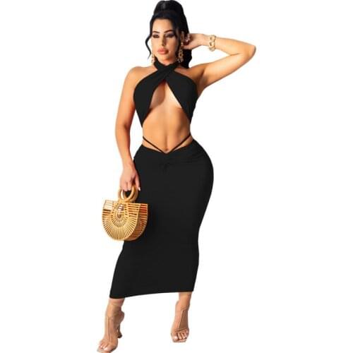 Sexy Party Elegant Skirt Set 2 Piece Co Ord Sets Summer Halter Neck Sleeveless Backless Long Skirt Crop Top Women Skirt and Top