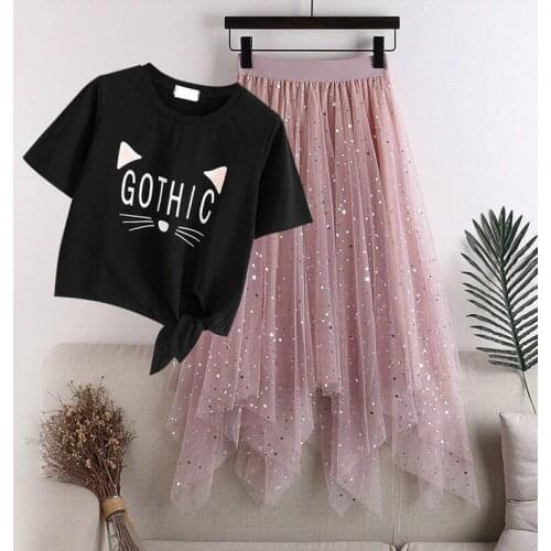 Middle School High School Summer Girls Clothing Sets Children Big Girl Mesh Skirt+Short-Sleeved T-shirt 2PCS Kids Clothes Suit