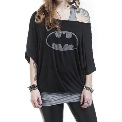 Summer Fashion Print T Shirt Women Black Slim Off Shoulder Casual Loose Shirts Womens Fake Two Piece Batwing Sleeve T-Shirt
