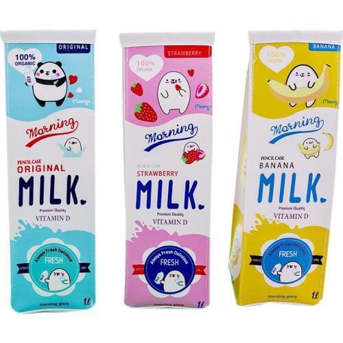 Kawaii Milk Bottle Pencil Case Boy Girl Simple PU Large Capacity Storage Pouch for Makeup Stationery Watercolor Brush Bag Holder