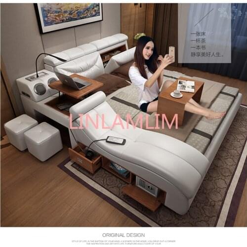 Genuine Leather multifunctional massage bed frame Nordic camas ultimate bed LED light Bluetooth speaker safe door to door