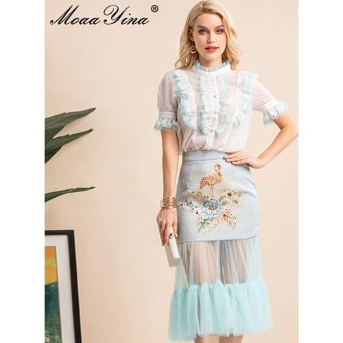 MoaaYina Fashion Designer Summer New Skirts Sets Womens Mesh Short sleeve Shirts＋Jacquard High waist Midi Skirts 2 Piece Suit