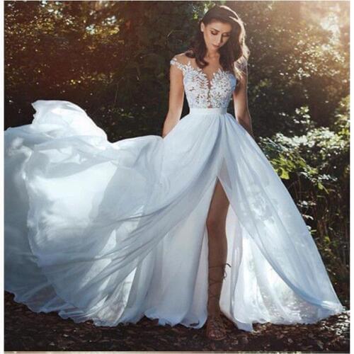 Cheap Chiffon Wedding Dresses 2021 V Neck Tulle Lace Appliques Bride Dress Cap Sleeve Slit Beach vestido de noiva