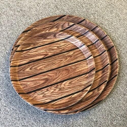 Nordic non-slip round wood grain color plastic tea tray thickened hotel restaurant service tray leather non-slip layer