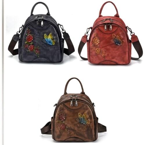 2019 New gorgeous butterfly and flower retro style women backpack vegetable tanned leathe handmade multi-function bag
