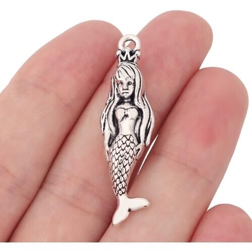 10 x Silver Color Mermaid Princess Charms Pendants Beads for DIY Necklace Jewelry Making Accessories 43x12mm