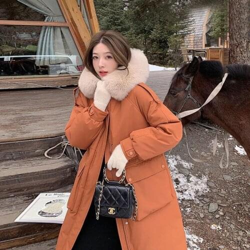 Women 2021 Winter Fashion Long Thick Warm Overcoat Female Big Real Fox Fur Hooded Jacket Ladies Loose White Duck Down Coats R240