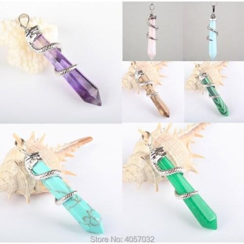 Gifts Fashion jewelry Rose Pink Quartz Green Howlite Stone Purple Crystal Hexagonal Point Snake Pendant 1PCS