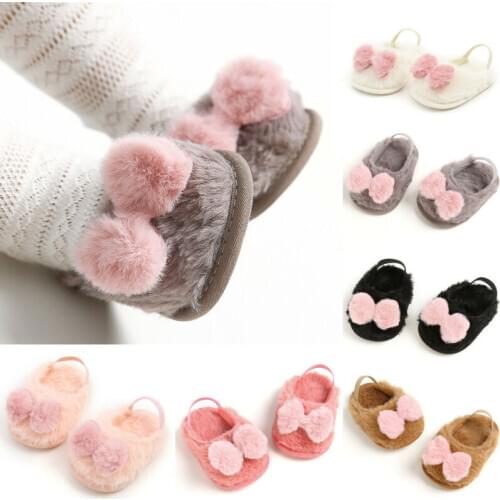 PUDCOCO Lovely Toddler Infant Kids Girls Boys Bow Slippers Slides Warm Soft Plush Crib Shoes 0-18M