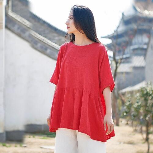 Plus size 2019 Spring and Summer shirt Bamboo cotton linen Tshirt Womens Wear New Literature and Art Fresh tops