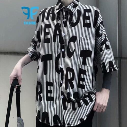FAVRE Casual Shirts Summer Men Short Sleeve Fashion Shirt Vintage Striped Print Letters