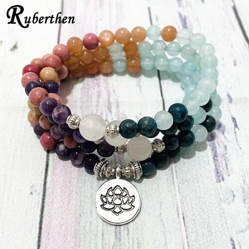 Ruberthen Women`s 6 mm Mix Gemstones 108 Mala Bracelet Aqua ramine Sunstone Apatite Bracelet New Design Mala Beads Jewelry