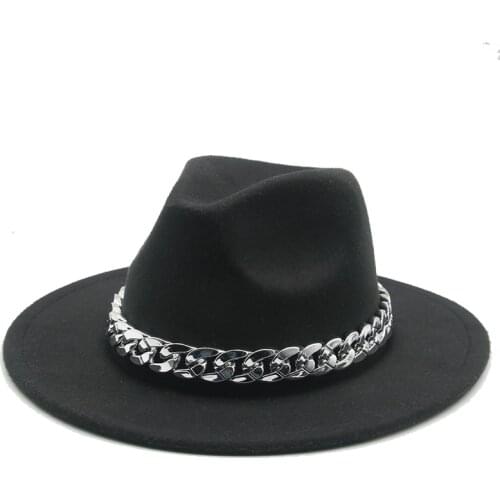 Winter hats women thick silver chain band belt felted hats men women handmade luxury wide birm solid formal fedora women hats