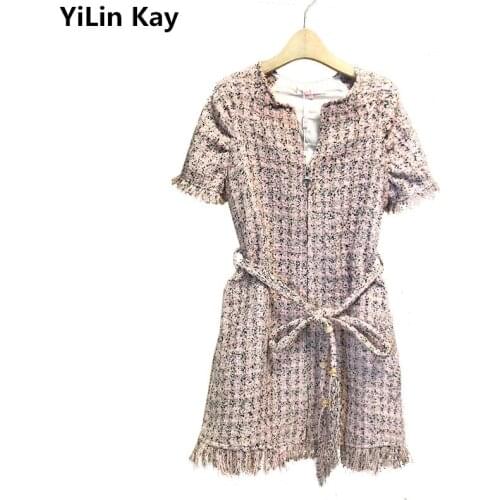 YiLin Kay 2019 High Quality New Brand Dresses Luxury Runway Designers short-sleeved fringed belted dress