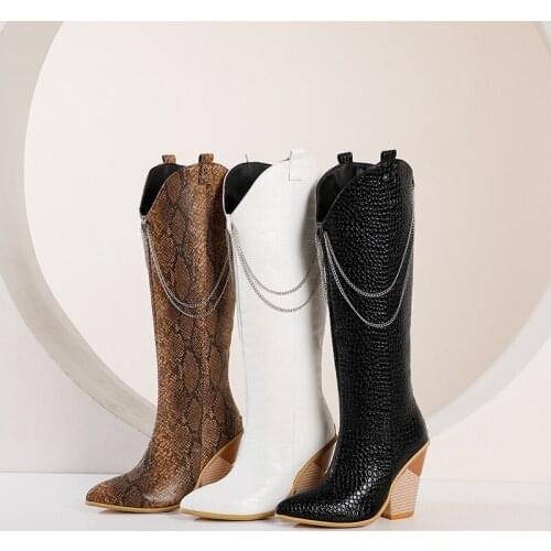 YMECHIC 2020 Winter White Black Western Cowboy High Heel Knee High Boots Chains Wedges Shoes for Women Long Boots Snake Print