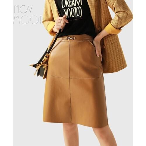 Novmoop office lady fashion style summer black yellow color sheepskin genuine leather skirt with metal buckle decor LT3044