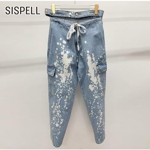 SISEPLL Print Hit Color Denim Pants For Female High Waist Hollow Out Lace Up Bowknot Adjustable Trouser Legs Womens Trousers