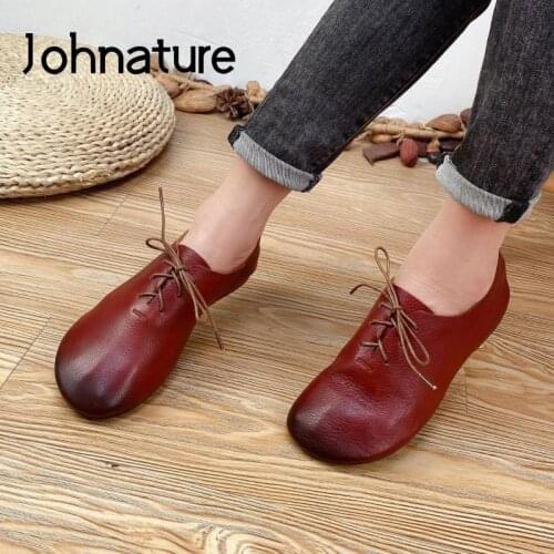 Johnature Genuine Leather Flats Women Shoes Retro Casual Lace-Up 2021 New Autumn Round Toe Shallow Concise Handmade Ladies Shoes