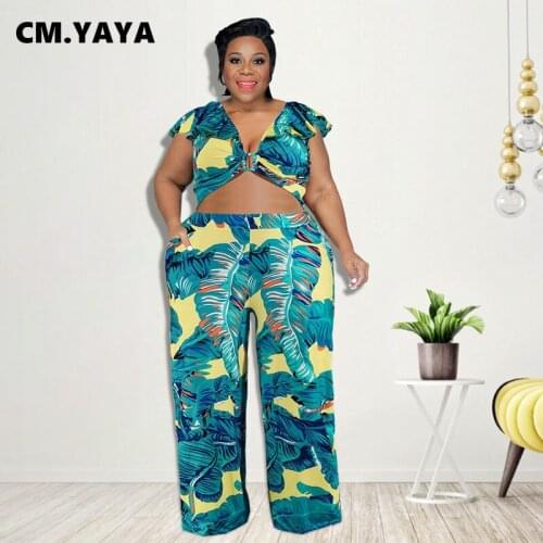 CM.YAYA Women Plus Size Tracksuit Print Short Sleeve Bandage Backless Crop Tops Pockets Pants Two 2 Piece Sets Summer Outfit