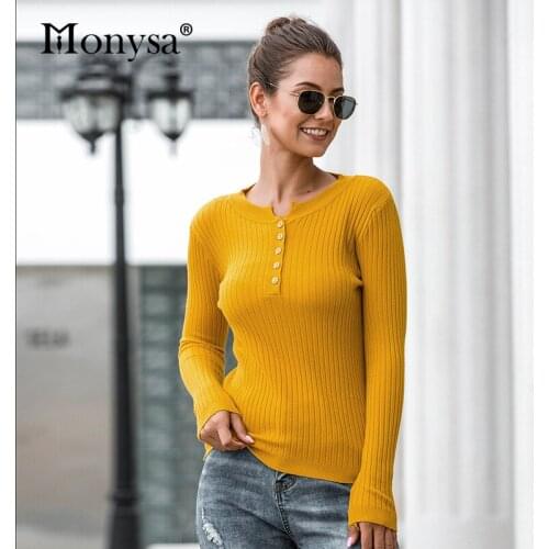 Knitted Pullovers Women 2019 Autumn Winter Clothes Fashion Buttons Long Sleeve Knit Sweaters Women Yellow White Black Pink Blue
