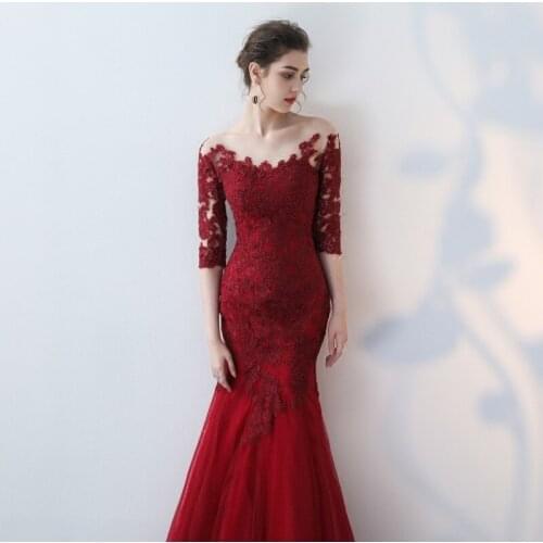 Mermaid Jewel Floor-Length Half Sleeves Illusion Formal Dress Women Elegant Appliques Red Button 2021 New Fashion Evening Gown