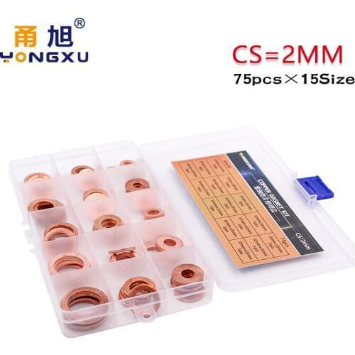 75PC 15Size DIN7603 M6 M8 M10 M12 M14 M16 M18 M20 T3 ORing Gasket Sealing Ring Copper Washer Boat Crush Washer Flat Ring Set Kit