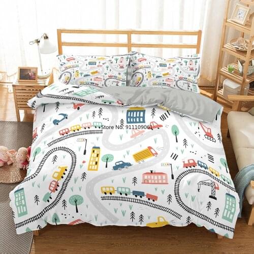 House Bed Cover for Children Home Duvet Covers Bedspread Travel Guide Bedroom Sets Child Bedding Cartoon Traffic Car Pattern