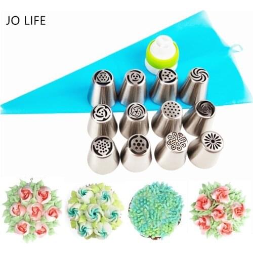 JO LIFE 14PCS/SET DIY Silk Flower Cake Decorating Tool Cream Pastry Bag Converter Stainless Steel Icing Piping Nozzles Tips