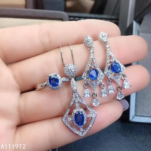 KJJEAXCMY fine jewelry natural sapphire 925 sterling silver women pendant necklace ring earrings set support test exquisite