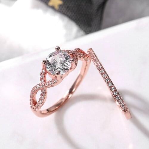 Huitan Rose Gold Color Double Stackable Set Rings Women Chic Accessories Full Zirconia Female Party Jewelry Aesthetic 2Pcs Rings