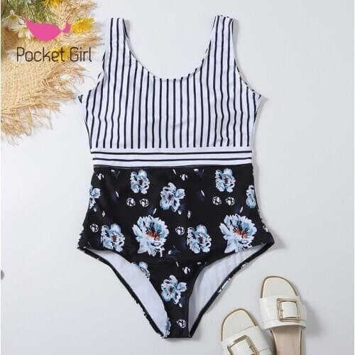 Pocket Girl 2021 Striped Swimwear One Piece Swimsuit Women Backless Monokini Swimsuit Sport Bodysuit Beach Bathing Suit Swim