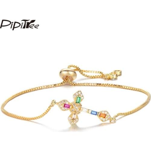 Pipitree Multicolor Cubic Zirconia Cross Charm Bracelet Copper Gold Color Slider Chain CZ Crystal Bracelets for Women Jewelry