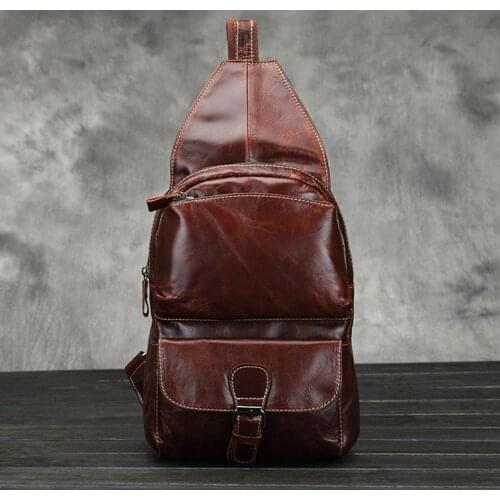 Men Oil Wax Genuine Leaher Chest Shoulder Bag Travel Belt Buckle Travel Vintage High Capacity Cowhide Sling Rucksack Backpack