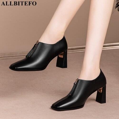 ALLBITEFO New Arrive Genuine Leather Thick Heels Party Women Shoes Metal Zipper Women Heels Shoes Brand High Heels Shoes