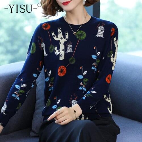 YISU New Women Wool Sweater Jumper O-Neck Fashion Printing tops Long sleeves Loose Female Casual Knitted pullover Women clothing